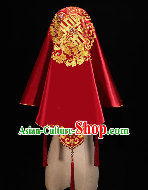 Chinese Traditional Wedding Headdress Embroidered Red Satin Bridal Veil Accessories