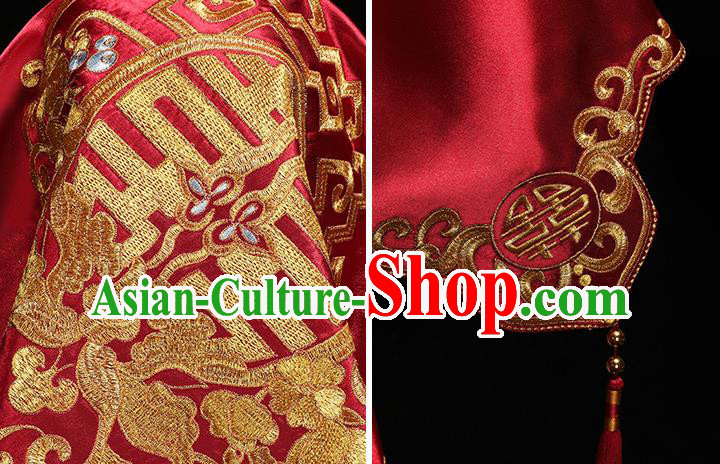 Chinese Traditional Wedding Headdress Embroidered Red Satin Bridal Veil Accessories