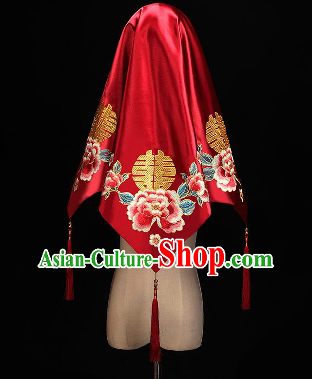 Chinese Embroidered Peony Red Satin Bridal Veil Accessories Traditional Wedding Headdress