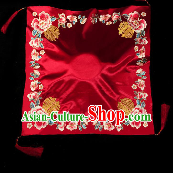 Chinese Embroidered Peony Red Satin Bridal Veil Accessories Traditional Wedding Headdress