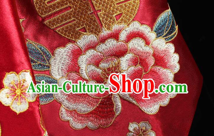 Chinese Embroidered Peony Red Satin Bridal Veil Accessories Traditional Wedding Headdress