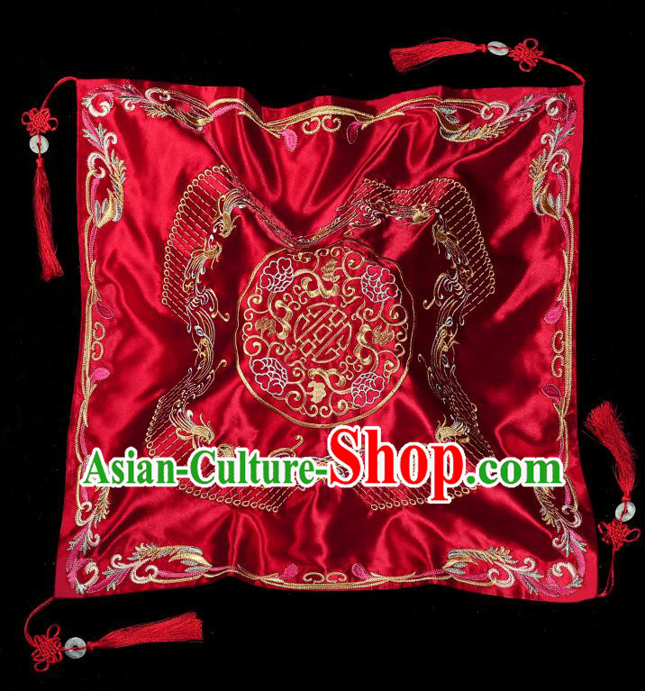 Chinese Embroidered Phoenix Red Satin Bridal Veil Traditional Wedding Xiuhe Suit Headdress