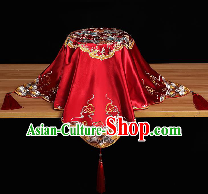 Chinese Embroidered Red Satin Bridal Veil Traditional Wedding Headdress Xiuhe Suit Accessories