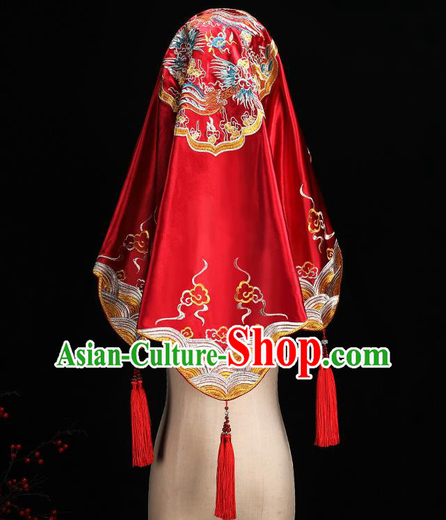 Chinese Embroidered Red Satin Bridal Veil Traditional Wedding Headdress Xiuhe Suit Accessories