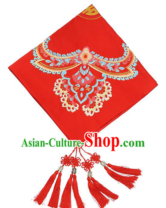Chinese Traditional Wedding Headdress Xiuhe Suit Accessories Embroidered Red Satin Bridal Veil