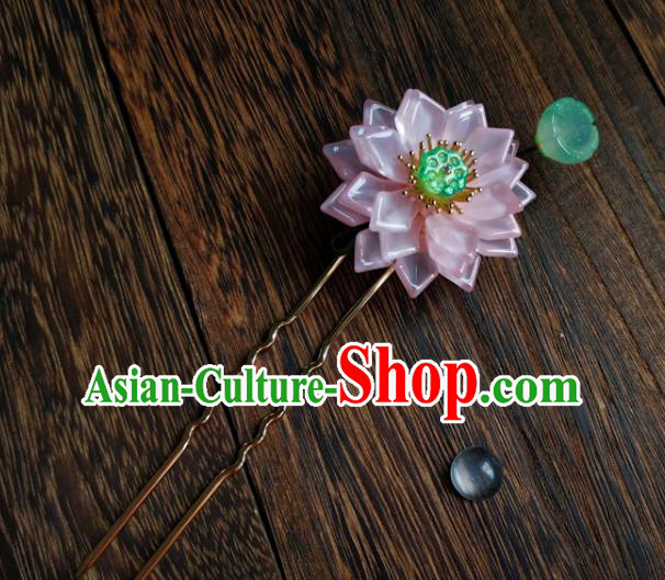 China Ancient Princess Coloured Glaze Hairpin Traditional Ming Dynasty Pink Lotus Hair Stick