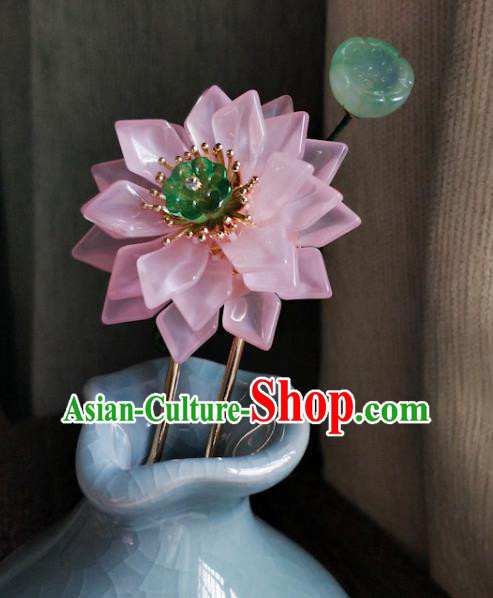 China Ancient Princess Coloured Glaze Hairpin Traditional Ming Dynasty Pink Lotus Hair Stick