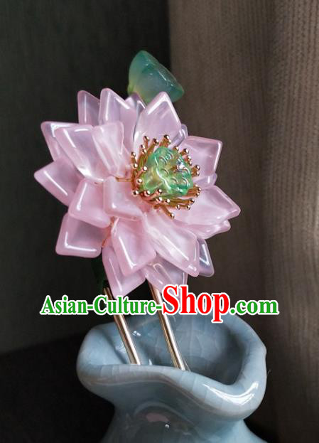 China Ancient Princess Coloured Glaze Hairpin Traditional Ming Dynasty Pink Lotus Hair Stick
