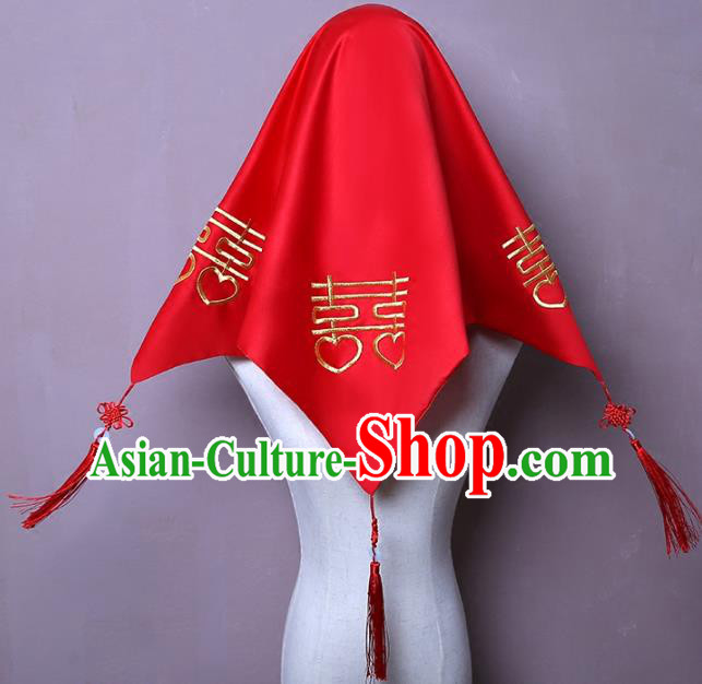 Chinese Traditional Wedding Headdress Classical Xiuhe Suit Accessories Red Satin Bridal Veil