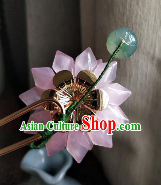 China Ancient Princess Coloured Glaze Hairpin Traditional Ming Dynasty Pink Lotus Hair Stick