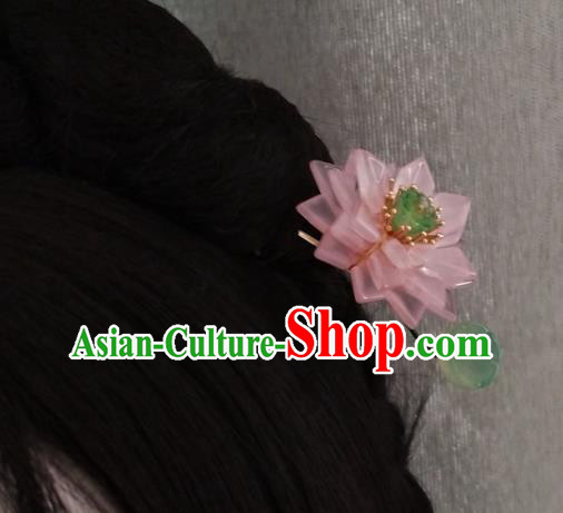 China Ancient Princess Coloured Glaze Hairpin Traditional Ming Dynasty Pink Lotus Hair Stick