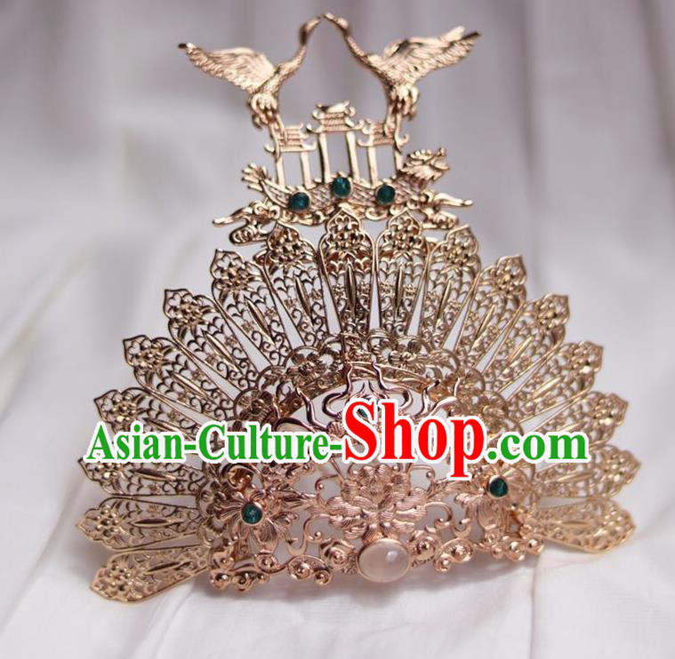 China Ancient Princess Hair Comb Traditional Ming Dynasty Golden Crane Hair Crown