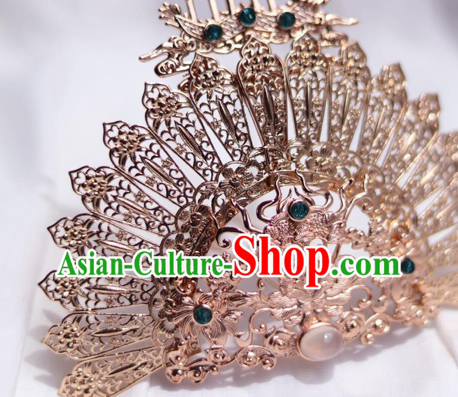 China Ancient Princess Hair Comb Traditional Ming Dynasty Golden Crane Hair Crown