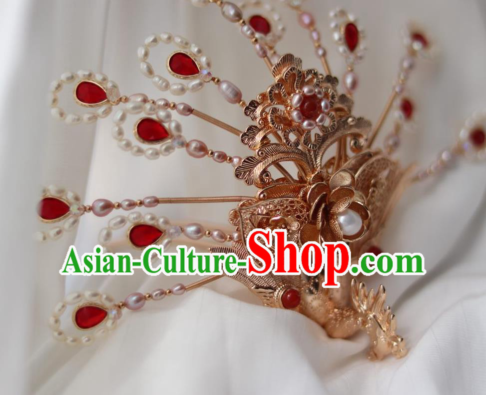 China Ancient Empress Pearls Hairpin Traditional Ming Dynasty Golden Phoenix Hair Crown