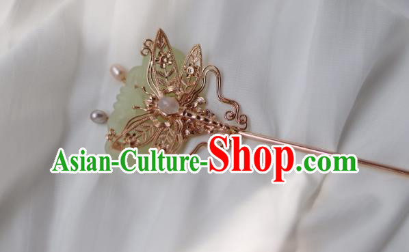 China Ancient Princess Jade Hairpin Traditional Ming Dynasty Golden Dragonfly Hair Stick