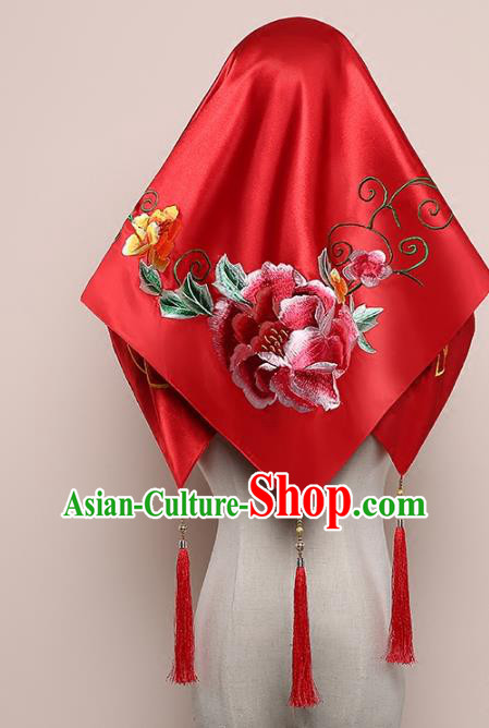 Chinese Traditional Embroidered Peony Bridal Veil Classical Wedding Headdress Red Satin Kerchief