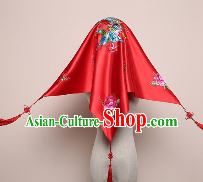 Chinese Classical Wedding Headdress Red Satin Kerchief Traditional Embroidered Phoenix Peony Bridal Veil