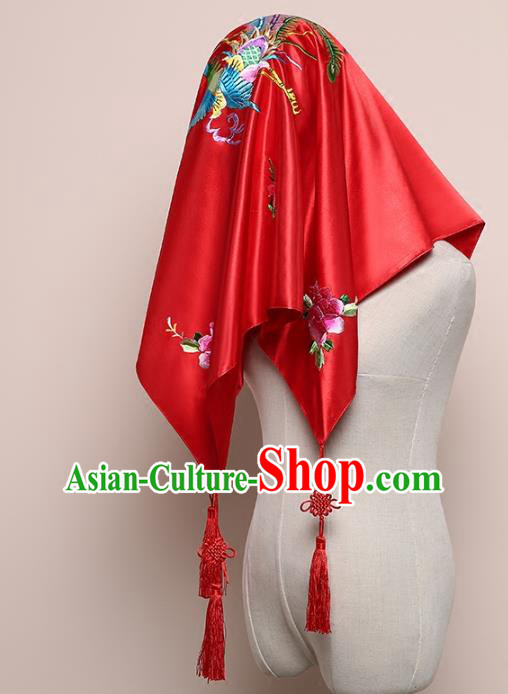 Chinese Classical Wedding Headdress Red Satin Kerchief Traditional Embroidered Phoenix Peony Bridal Veil
