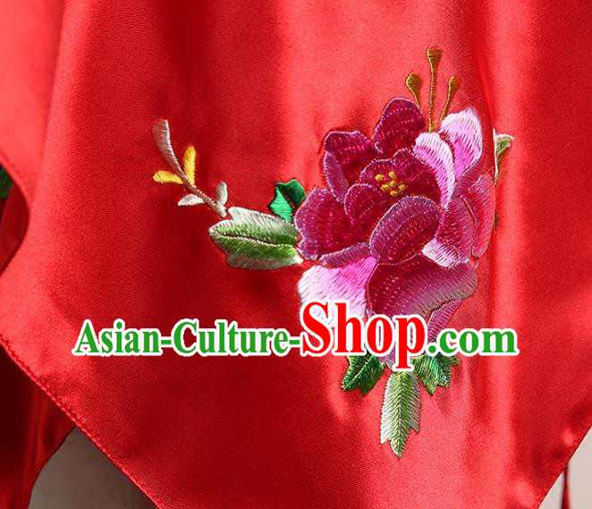 Chinese Classical Wedding Headdress Red Satin Kerchief Traditional Embroidered Phoenix Peony Bridal Veil