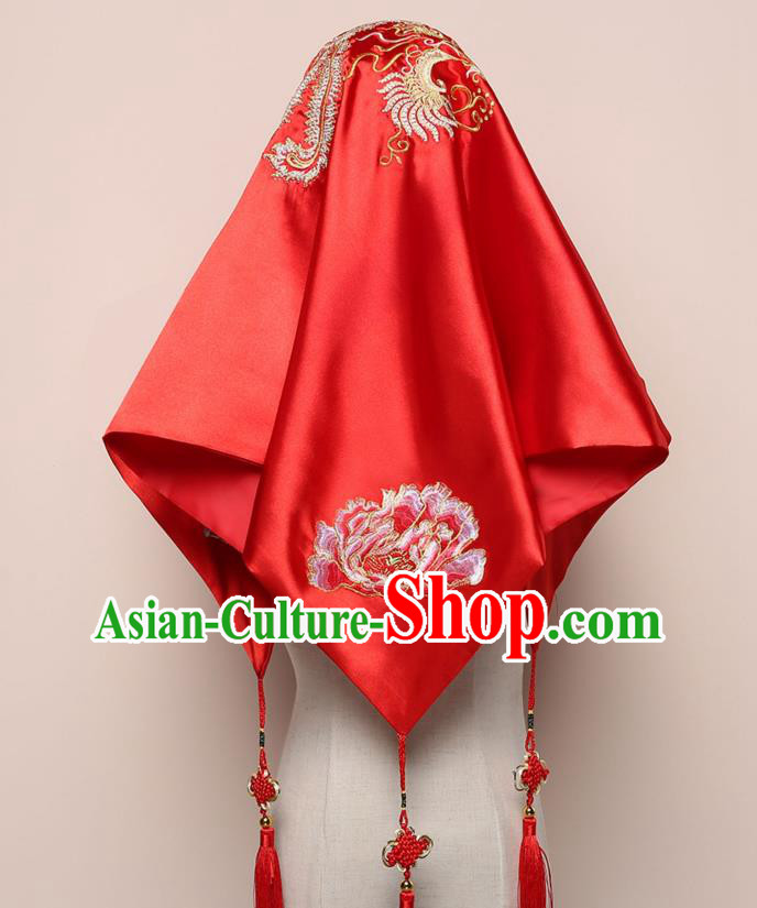 Chinese Wedding Red Satin Kerchief Classical Headdress Traditional Embroidered Phoenix Peony Bridal Veil