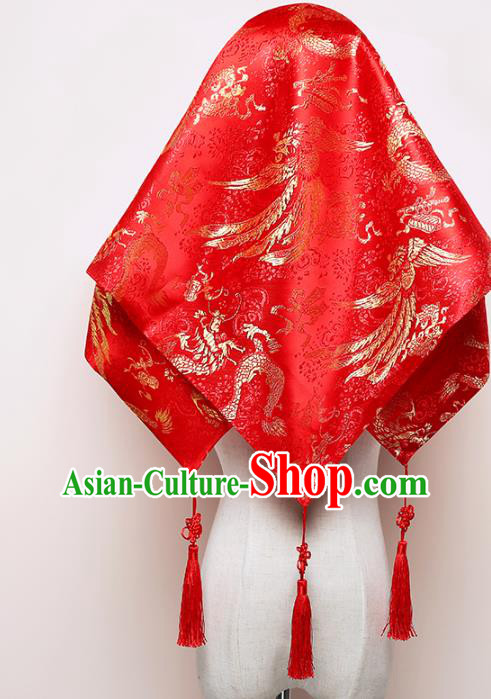 Chinese Classical Dragon Phoenix Pattern Headdress Traditional Bridal Veil Wedding Red Brocade Kerchief