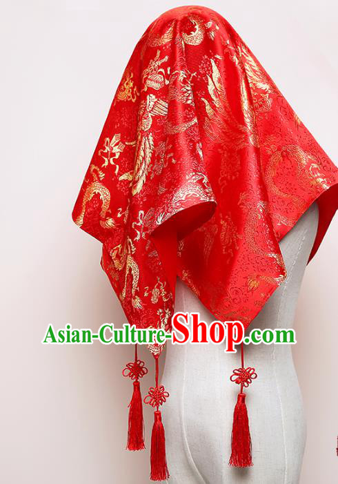Chinese Classical Dragon Phoenix Pattern Headdress Traditional Bridal Veil Wedding Red Brocade Kerchief