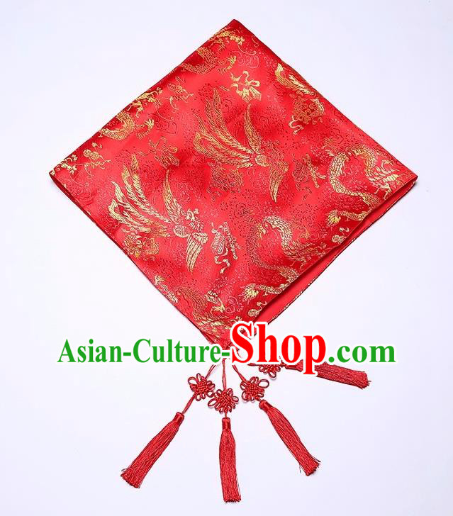 Chinese Classical Dragon Phoenix Pattern Headdress Traditional Bridal Veil Wedding Red Brocade Kerchief