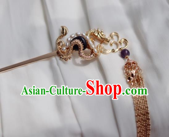 China Ancient Empress Amethyst Hairpin Traditional Ming Dynasty Golden Dragon Tassel Hair Stick