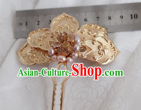 China Ancient Empress Golden Feather Hairpin Traditional Ming Dynasty Pearls Hair Stick