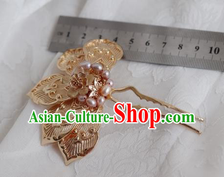 China Ancient Empress Golden Feather Hairpin Traditional Ming Dynasty Pearls Hair Stick