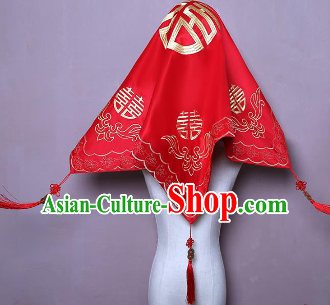 Chinese Classical Wedding Headpiece Traditional Xiuhe Suit Accessories Embroidered Red Satin Bridal Veil