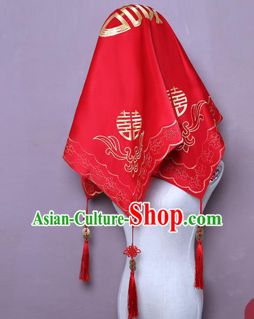 Chinese Classical Wedding Headpiece Traditional Xiuhe Suit Accessories Embroidered Red Satin Bridal Veil