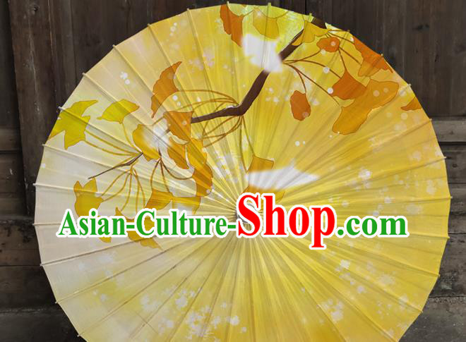 China Traditional Handmade Yellow Oil Paper Umbrella Classical Dance Painting Ginkgo Leaf Umbrella