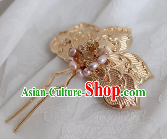 China Ancient Empress Golden Feather Hairpin Traditional Ming Dynasty Pearls Hair Stick