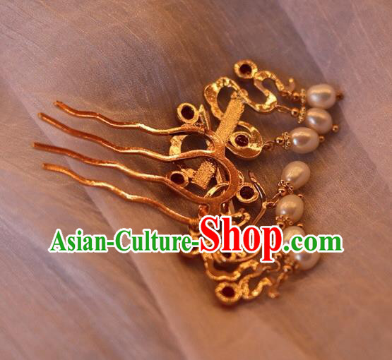 China Ancient Princess Golden Sword Hairpin Traditional Tang Dynasty Pearls Tassel Hair Comb