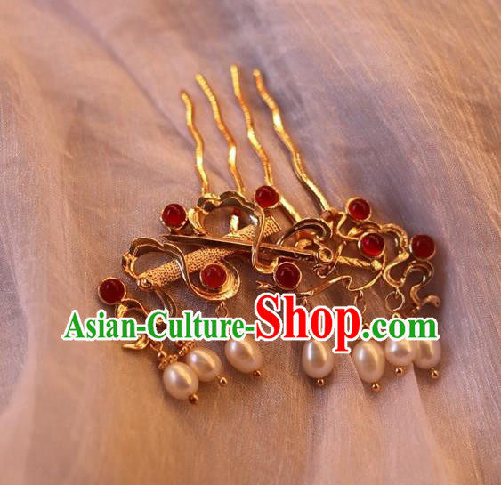 China Ancient Princess Golden Sword Hairpin Traditional Tang Dynasty Pearls Tassel Hair Comb