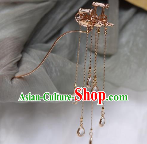 China Ancient Palace Lady Golden Boat Hairpin Traditional Ming Dynasty Crystal Tassel Hair Stick