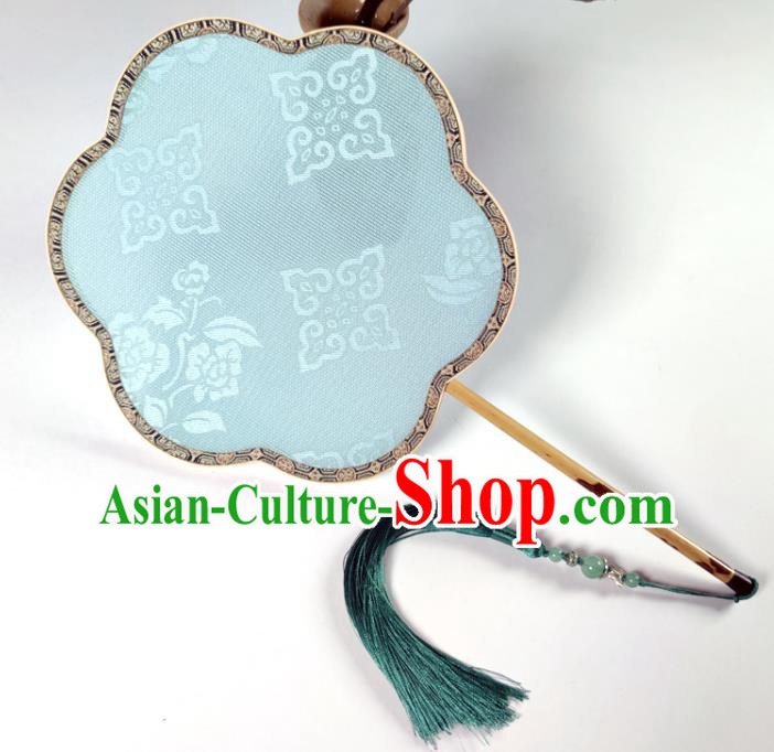 Chinese Traditional Hanfu Fan Palace Fan Handmade Jacquard Blue Silk Begonia Fan