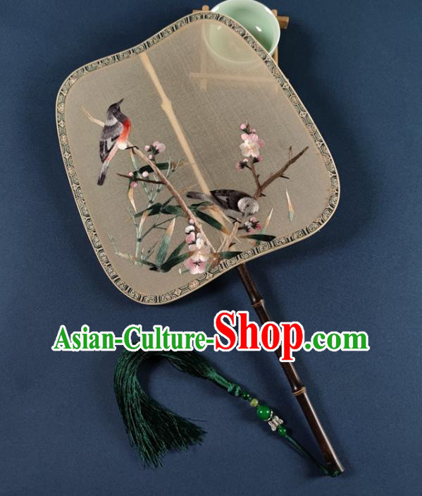 Chinese Handmade Embroidered Plum Bird Palace Fan Classical Dance Fan Traditional Hanfu Silk Fan