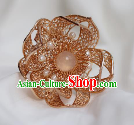 China Ancient Princess Pearls Hairpin Traditional Ming Dynasty Golden Flower Hair Stick