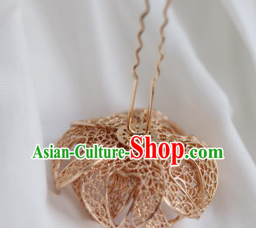 China Ancient Princess Pearls Hairpin Traditional Ming Dynasty Golden Flower Hair Stick