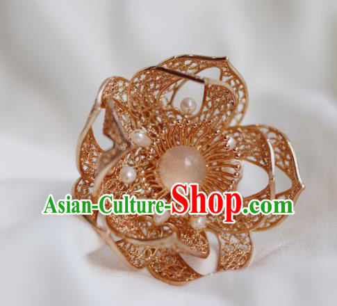 China Ancient Princess Pearls Hairpin Traditional Ming Dynasty Golden Flower Hair Stick
