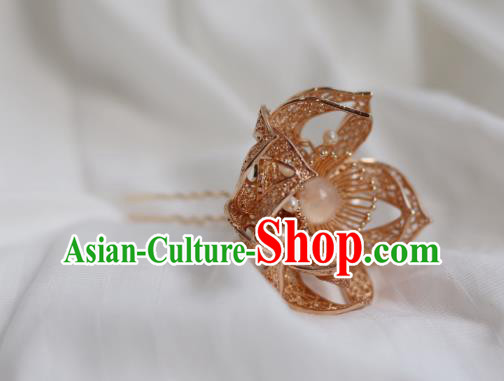 China Ancient Princess Pearls Hairpin Traditional Ming Dynasty Golden Flower Hair Stick