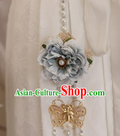 Handmade Chinese Blue Peony Waist Accessories Traditional Green Tassel Pendant