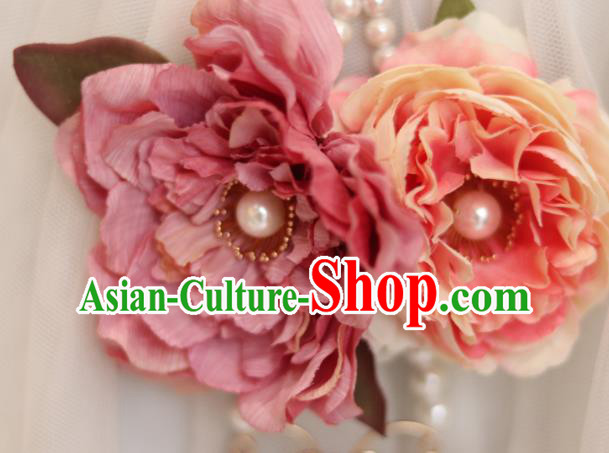 Handmade Chinese Pink Peony Waist Accessories Traditional Pearls Tassel Jade Pendant