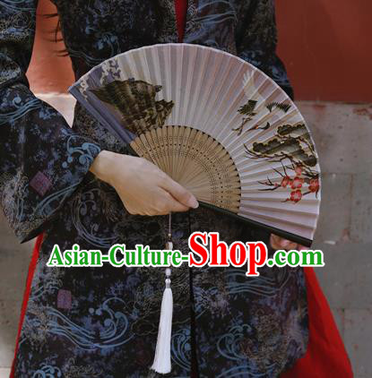 Chinese Traditional Silk Fan Bamboo Accordion Printing Crane Plum Folding Fan