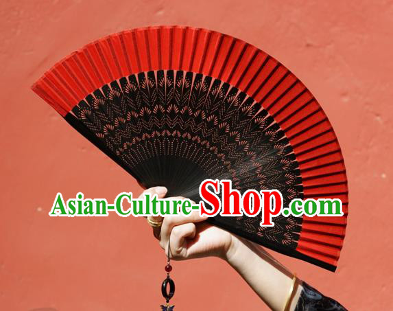 Chinese Traditional Red Silk Fan Bamboo Accordion Handmade Folding Fan