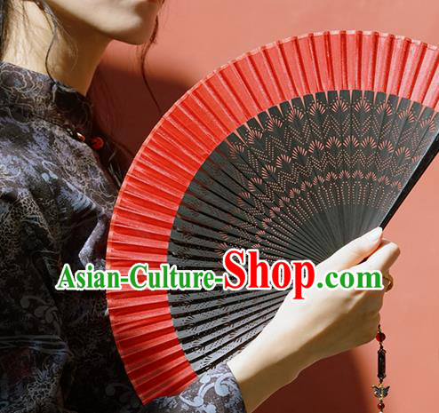 Chinese Traditional Red Silk Fan Bamboo Accordion Handmade Folding Fan