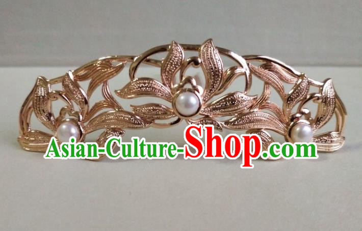 China Ancient Queen Hairpin Traditional Ming Dynasty Golden Orchids Hair Crown