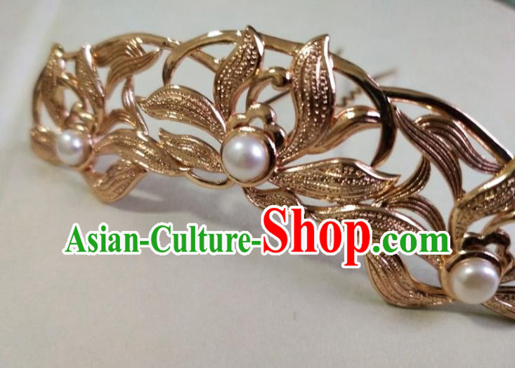 China Ancient Queen Hairpin Traditional Ming Dynasty Golden Orchids Hair Crown